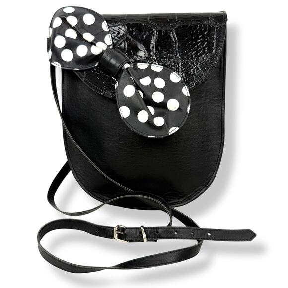 1960's handmade black leather polka dot bow handbag by FREDA ZAPPAN Philadelphia - Picture 2 of 14